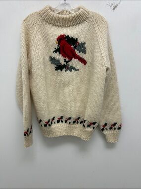Cream Knit Sweater with Red Cardinal Motif